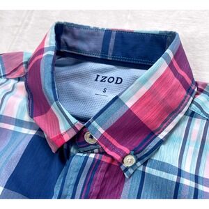 NWT IZOD Mens Small Button Up Short Sleeve Plaid Shirt Blue Pink Casual